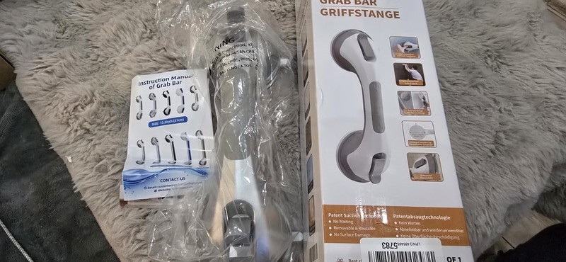 Suction Cup Grab Bar Anti-Slip Waterproof Plastic Gray White 12.2 in NIB (A0001)