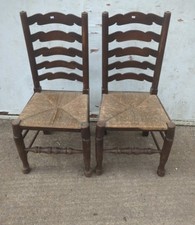 Pair Ladderback Dining Chairs Rush Seats - vintage 