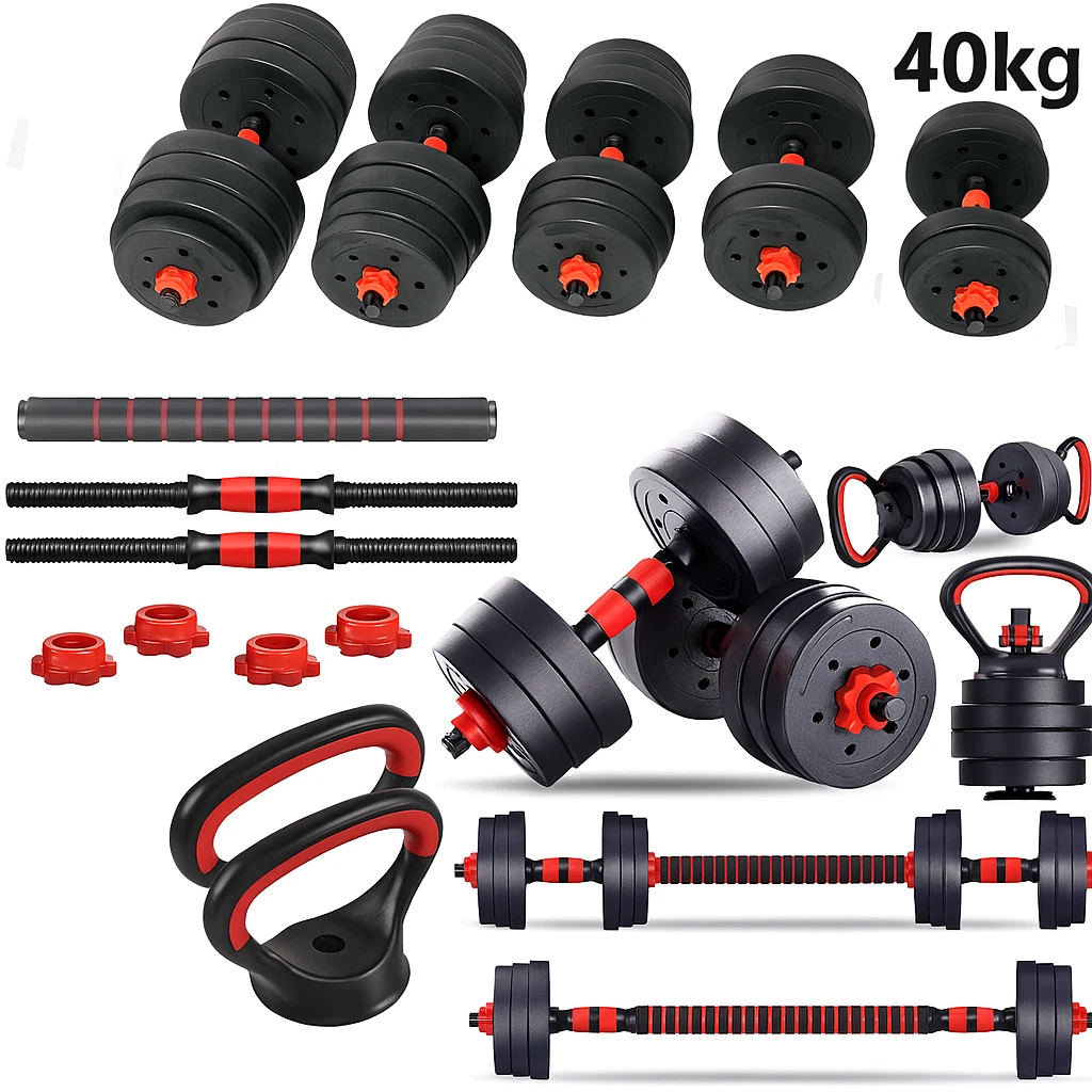 6-in-1 Adjustable Dumbbell Barbell Kettlebell Set 40kg Weight Lifting Gym