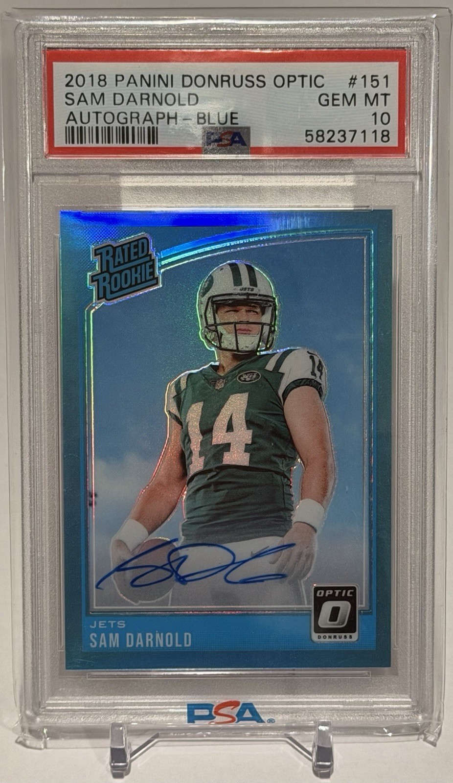 #/75 ~SAM DARNOLD RC AUTO~2018 DONRUSS OPTIC “BLUE”~SEAHAWKS~PSA-10~Rated Rookie