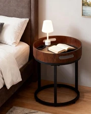 Small Round Side Table End Table with Wood Top Metal Frame Modern Nightstand ...