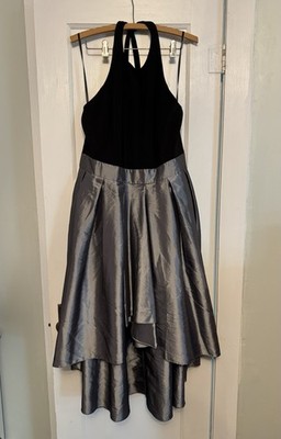 S.L. Fashions Women's 16 Black Silver Halter Hi-Low Fit & Flare Midi Zip