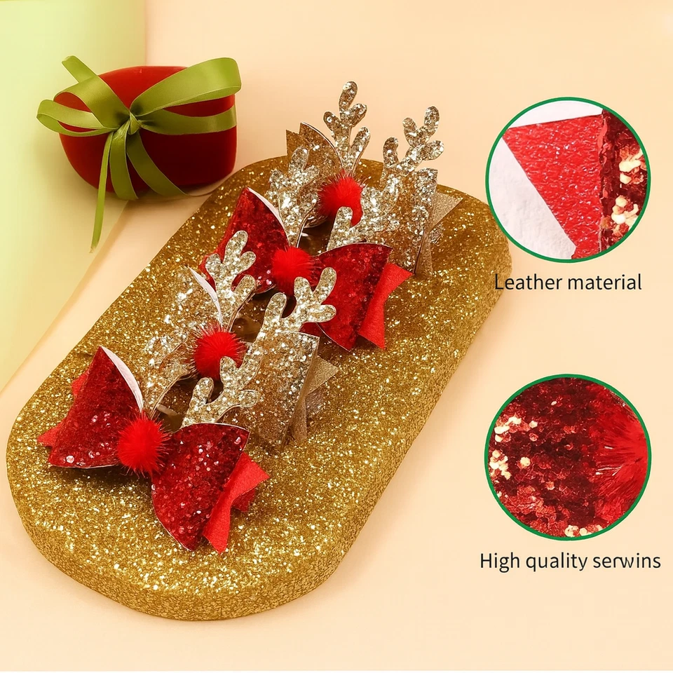 4PCS Christmas Glitter Reindeer Hair Bows – Red & Gold Holiday Hair Clips – Kids - Image 2 of 4