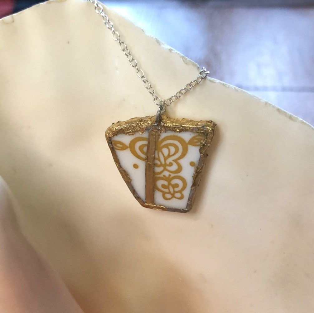 Oodelally Shop Broken Corelle Butterfly Gold Plate Handcrafted Necklace