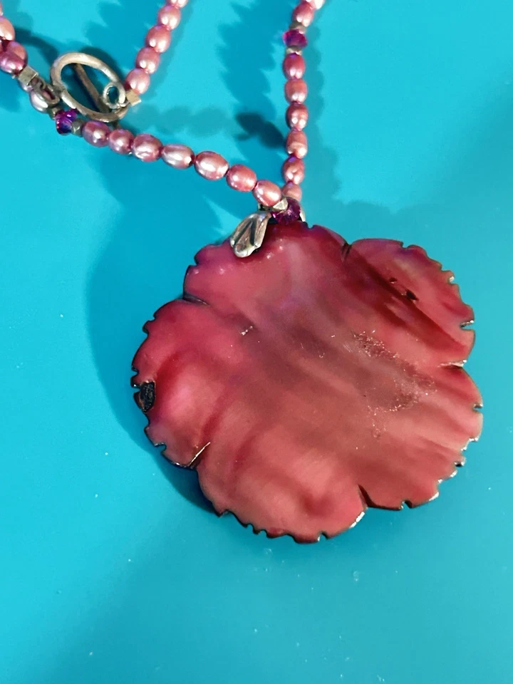 Mother of Pearl  Sterling 925 Hibiscus Flower Pendant Pink Pearl Necklace 16in - Image 3 of 4