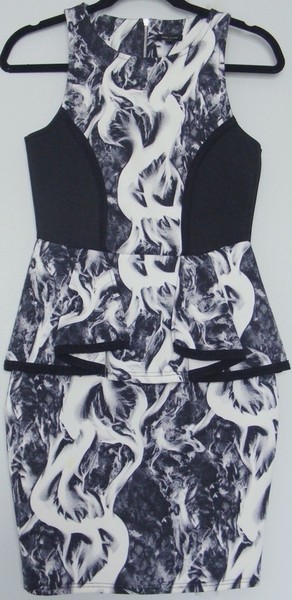River Island DRESS s/less Peplum hem Black & Marble print Bodycon ~ Women sz 10
