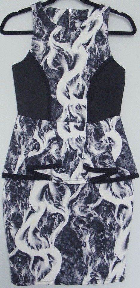 River Island DRESS s/less Peplum hem Black & Marble print Bodycon ~ Women sz 10
