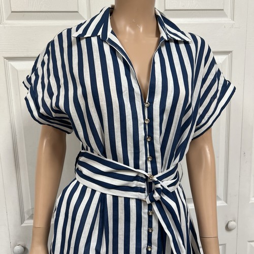 Zara Linin Blend Navy Striped Sailboat Dress Maxi Size L New - Picture 9 of 21
