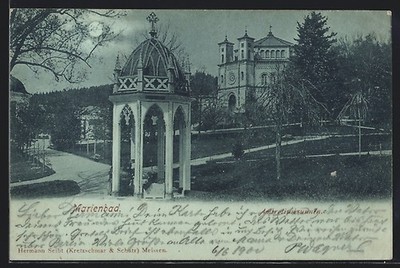 Mondschein-AK Marienbad, Am Ambrosiusbrunnen 1900 