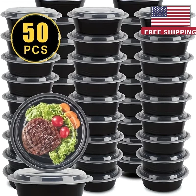 50 Pack Round Meal Prep Containers Lids BPA Free Leakproof Microwave Freezer.