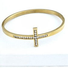 6.5" Women's Stainless Steel Cross Bangle Bracelet Gold plated BOX