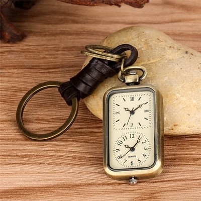 Bronze Dual Time Zone Rectangle Quartz Analog Pocket Watch Keychain Unisex Gifts