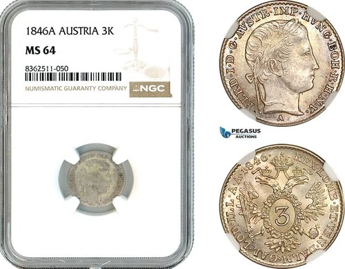 AK759, Austria, Ferdinand I, 3 Kreuzer 1846 A, Vienna Mint, Silver, NGC MS64