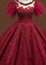 Damen Ballkleid lang Burgunderrot Spitze Puff...