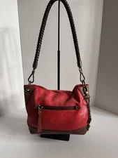 The Sak Indio Red Leather Hobo Shoulder Hand Bag Purse Braided Strap Pocket EUC