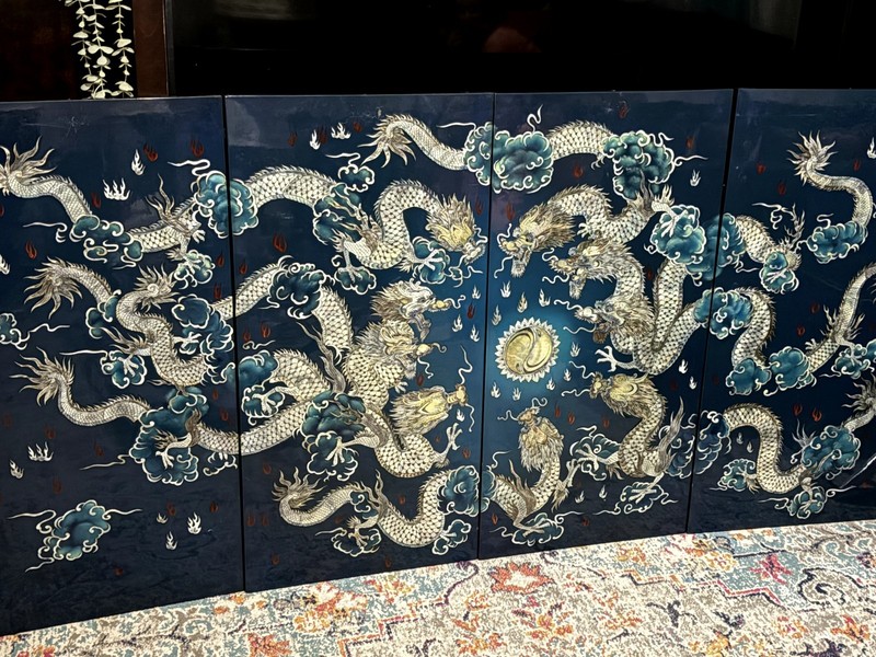 Asian Dragon 4-Panel Wood wall art  Blue lacquer  mother of pearl in lay