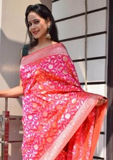 100 Pure Katan Silk Banarasi Handloom Multi Shades Pink Zari Zaal Woven Saree