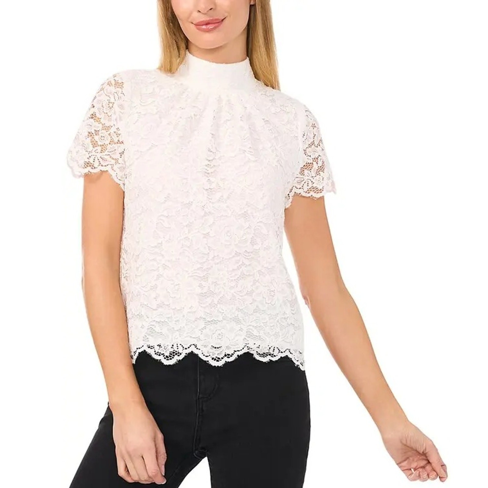 CeCe Women White Floral Lace Mock Neck Back Tie Cap Sleeve Elegant Blouse Size L