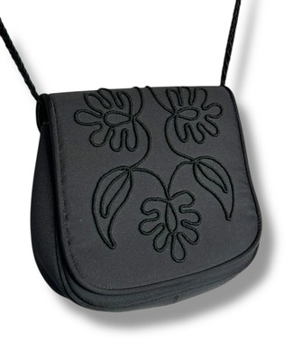 Givenchy Paris Black Satin & Leather Embroidered Crossbody Evening Bag Purse VTG