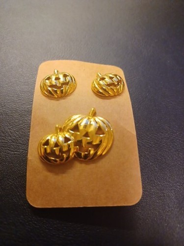 Vintage goldfarbene Jack O Laterne Kürbis Anstecknadel Brosche & Ohrringe - Bild 5 von 5