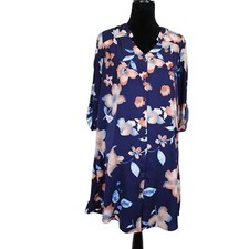 41 HAWTHORN Shirtdress Women Lg Button Front Roll Tab Sleeve Blue Pink Floral