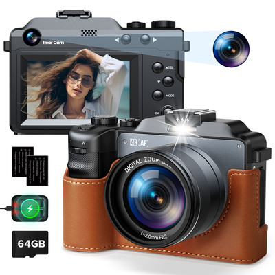 Digitalkamera Uhd 4K, 64MP Doppellinse 18X Autofokus Digitalzoom Fotokamera 64GB