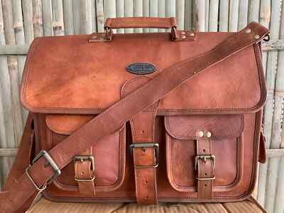 Genuine Handmade Goat Leather Messenger Briefcase Multiple Compartments Distress