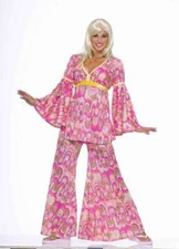 60's-70's 3Pc Pant Set Pk Peace Symbol  Daisy Swirl Print Pant Top  Headband