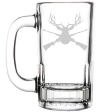 12oz Beer Mug Stein Glass Deer Hunter Head Rifle