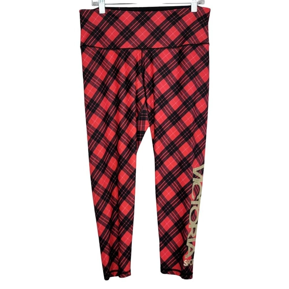 Victorias Secret Sport Buffalo Plaid Leggings Size XL Womens Black Red  Checkered