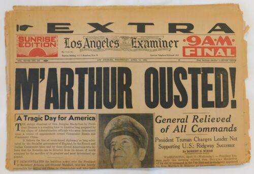 MacArthur verdrängt! - Los Angeles Examiner Zeitung 11. April 1951 - Bild 1 von 2