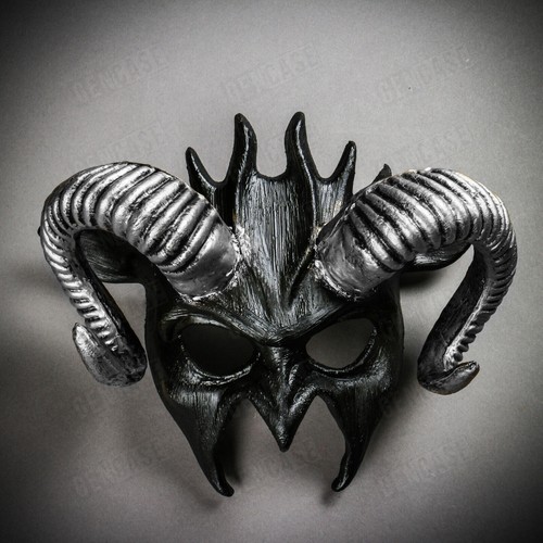 Halloween Party Demon Devil Satan Silve Twisted Horns Masquerade Face Mask Black - Picture 2 of 7