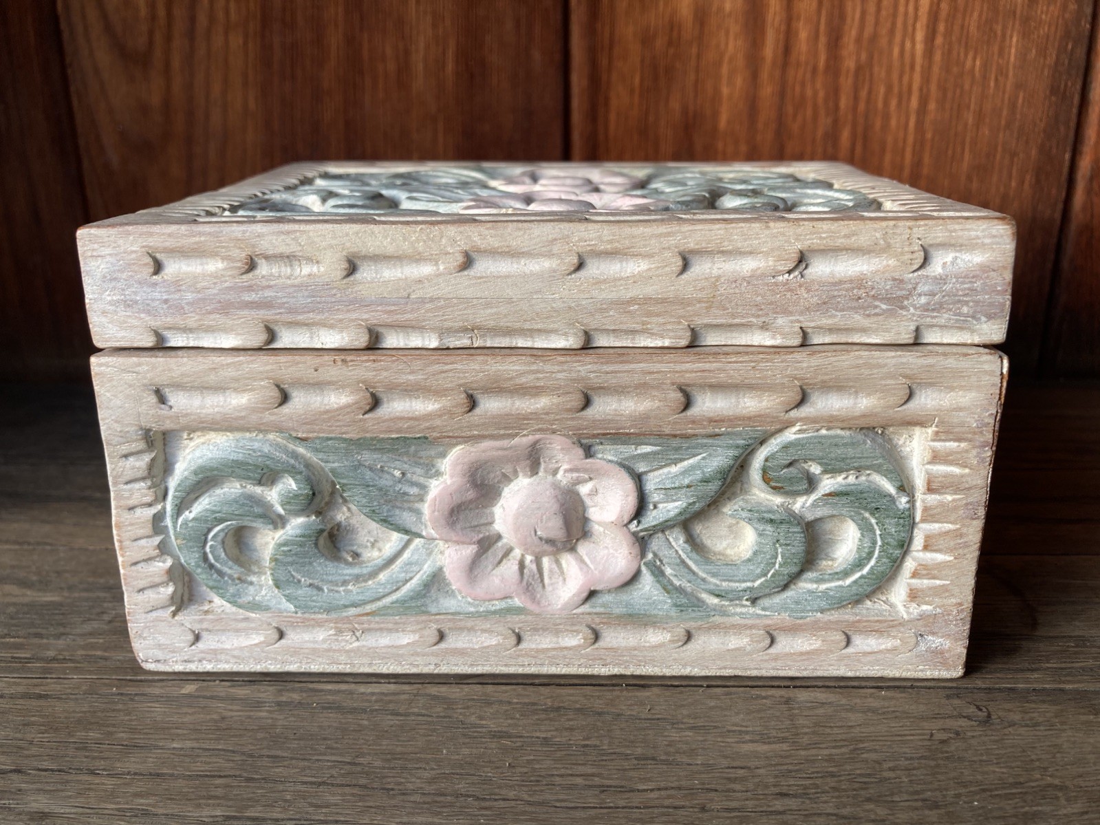 Hand Carved Wooden Trinket Box Vintage Floral Inlay Trinket Box Made In Thailand