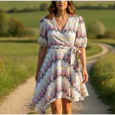 N12H White Eyelet Mini Wrap Dress XS Fit & Flare Cotton Zigzag Cottage $260