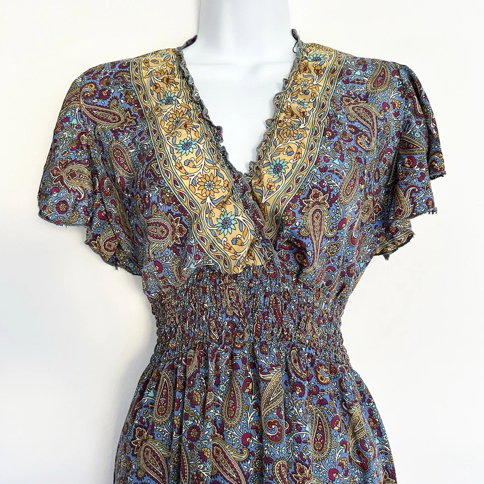 Vestido Boho Gitano Midi Mediano Seda Viscosa Pradera Campesino Calado Ligero Foto 2 de 4