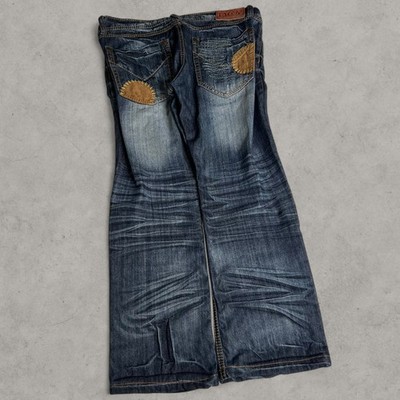 Dcoy Jns faded distressed Leather patchwork wide leg Baggy Jeans back pockets 