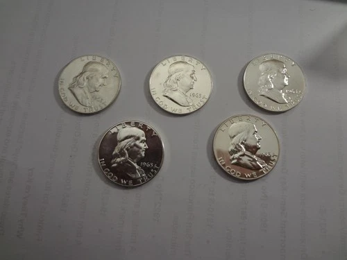 FIVE 1963  90% Silver Franklin Half Dollar 50 Cent Coins MINT PROOF Condition