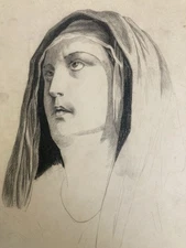 Beautiful Drawing Pencil Xixth Virgin Portrait Religion Catholic Art Old Groom