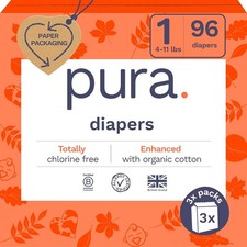96 Ct Pura Hypoallergenic Diapers Size 1 (4-11lbs), Newborn, Totally Chlorine 0.27 per diaper