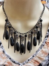 Gothic Black/Gray Beaded Necklace Dangles Cha...