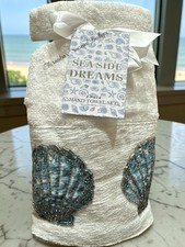 Coastal Beaded Seashell Hand Towels Set Of 2 New 100% Cotton Beach House Decor