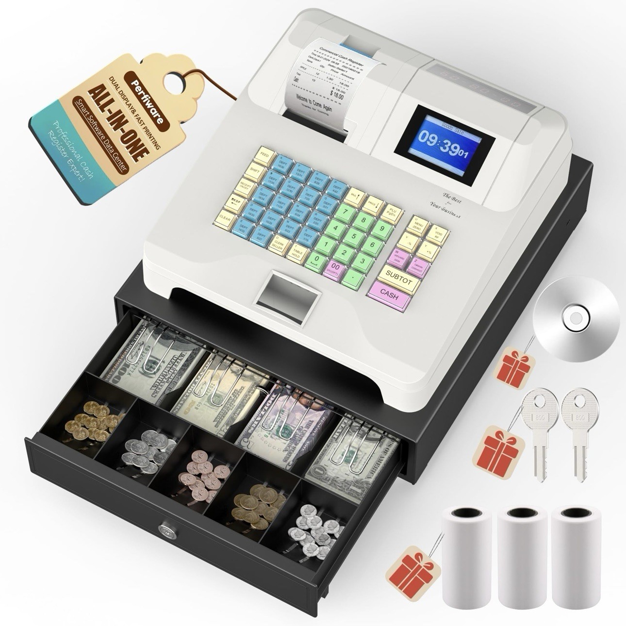 Perfiware Cash Register for Small Businesses - Electronic POS System, Printer…