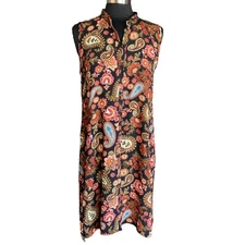 Cupio Dark Floral Paisley Sleeveless Long Line Top Button Up LG Boho Cottagecore