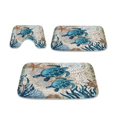 Nautical Sea Turtles Blue Ocean Beach Bathroom Rugs and Mats Sets 3 Piece, Memor