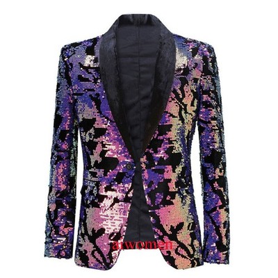 Mens Slim Fit Sequin Fashion West Host Bar Performance Suit Jacket Blazer Coat