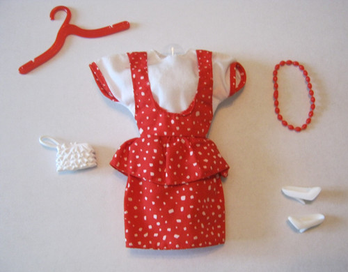 BARBIE FASHION CLOTHES ~ RED/WHITE PRINT COTTON JUMPER OUTFIT w/ACCESSORIES SET