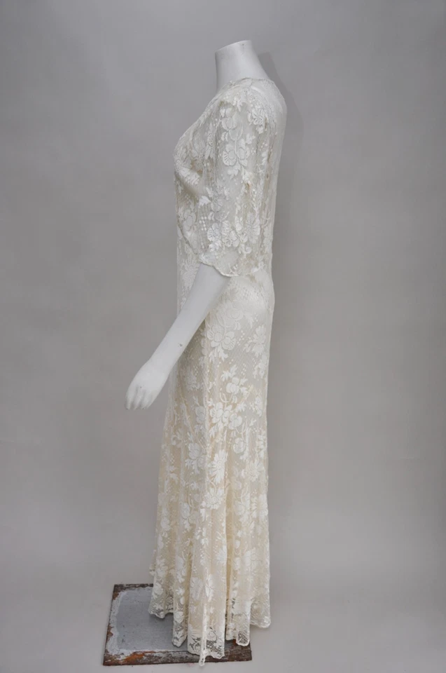 Vintage 1930s Ivory Sheer Floral Lace Bias Cut Wedding Dress Half Sleeves S/M - Image 4 of 4