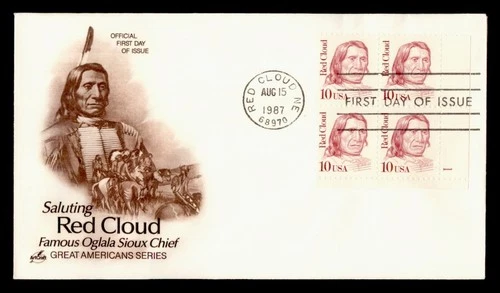 DR WHO 1987 FDC INDIAN RED CLOUD PLATE BLOCK ARTCRAFT CACHET M75309