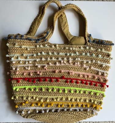 Bay Sky 100% Paper Tote Bag with Multicolor Poms Beach Bag Travel Bag