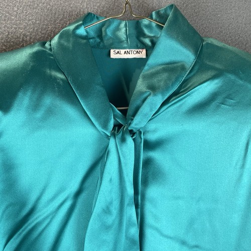 VTG Sal Antony 100% Silk Blouse Sz 10 NWT Green Tie Neck Long Sleeve Retro 80s - Picture 2 of 12